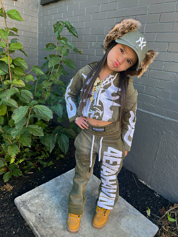 Olive Green & White Full Zip Set "Kids"